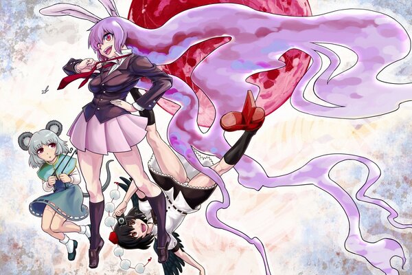 Magia anime che illustra tre ragazze in breve microskirt