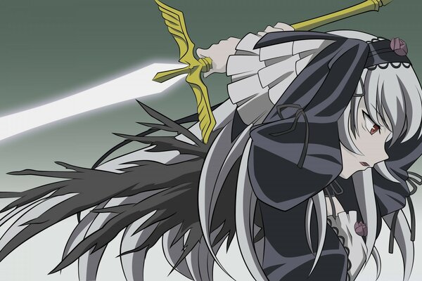 Anime héroïne, fille en noir et gris robe avec épée