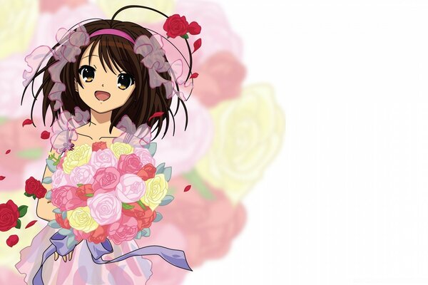 Anime illustration of a girl with a bouquet of flowers