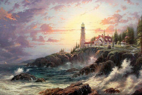 Thomas kinkade Ufer Wellen Leuchtturm Haus