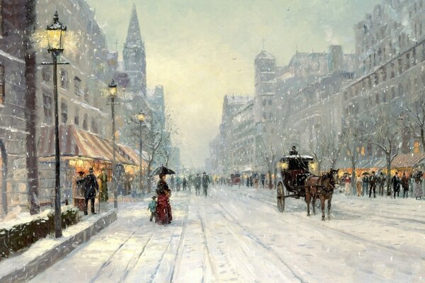 A carriage on a winter street under a snowfall. Picture