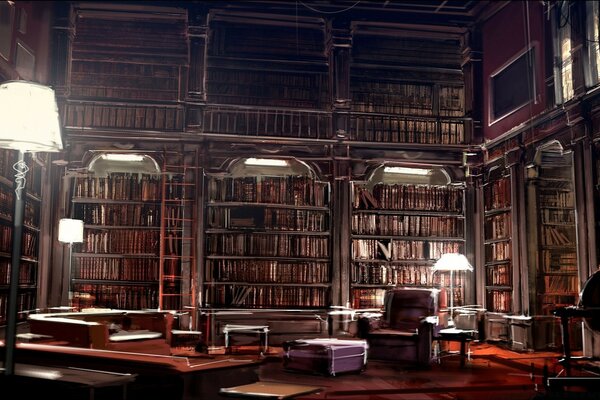 A huge library lined with bookcases with books