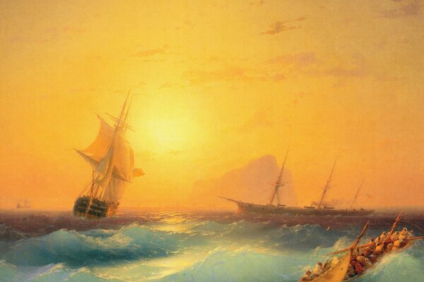 Ships amid a storm at sunset