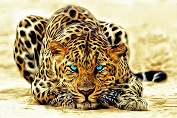 Futuristic leopard with bright blue eyes