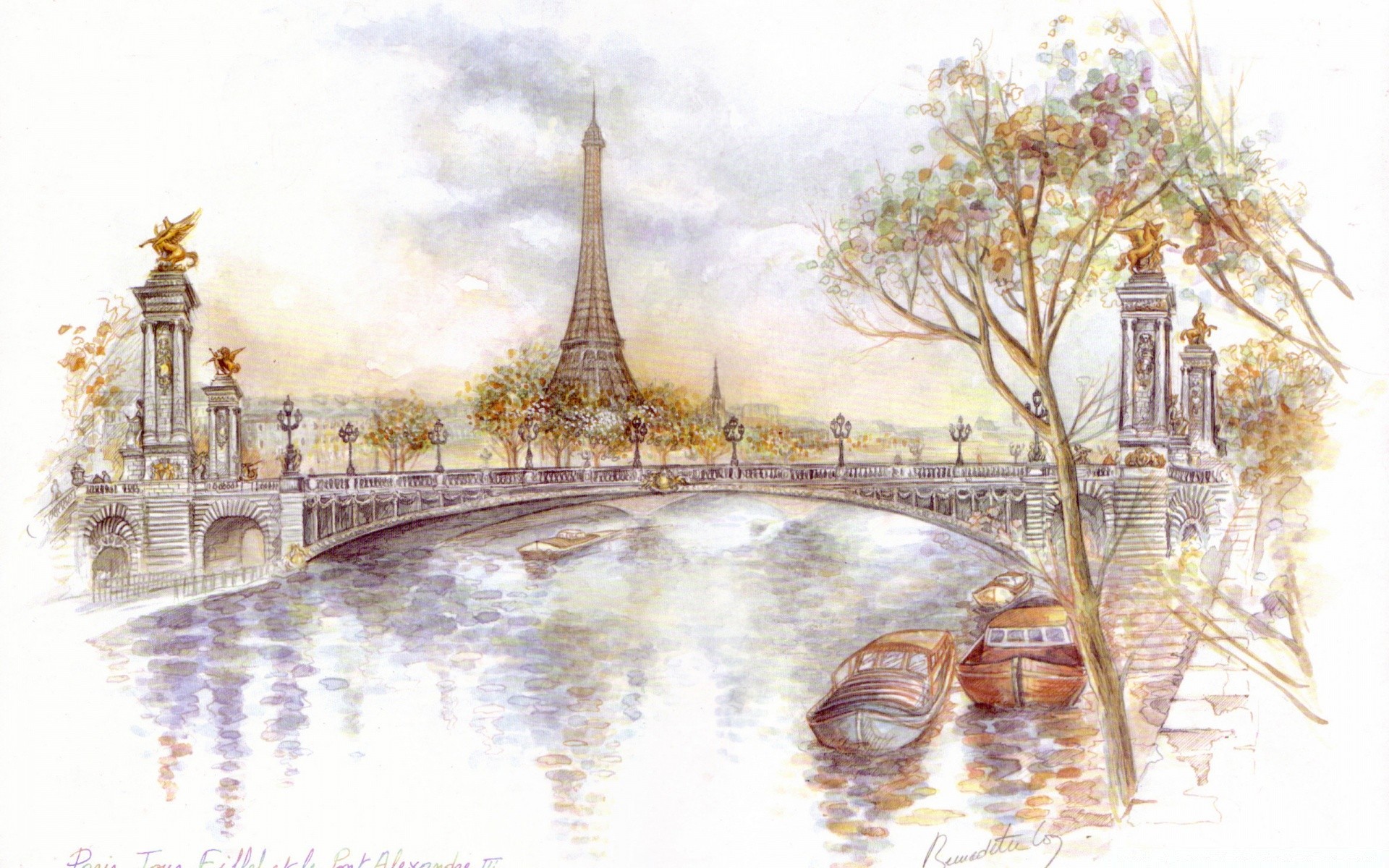 drawings art travel old architecture building river city bridge tourism tree water winter vintage sky culture