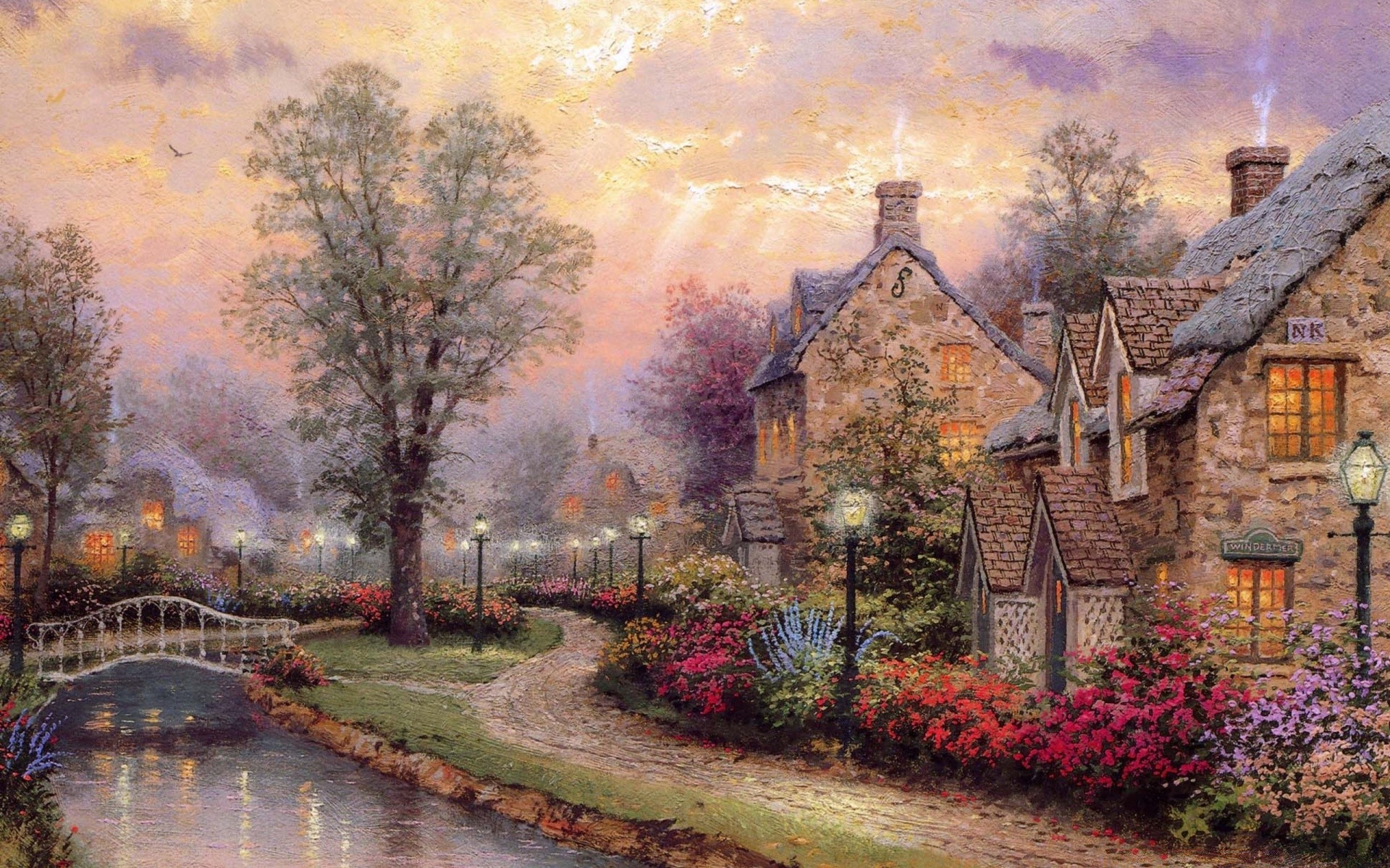 Village Painting by Thomas Kinkade Android wallpapers