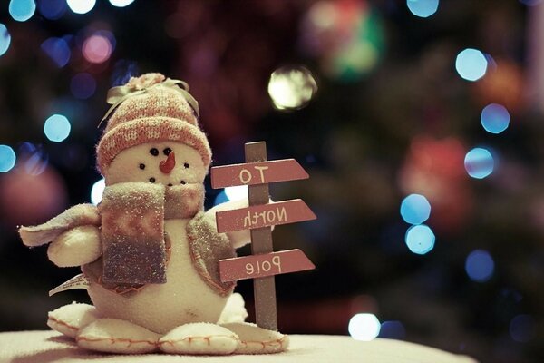 Christmas snowman in a hat at the sign