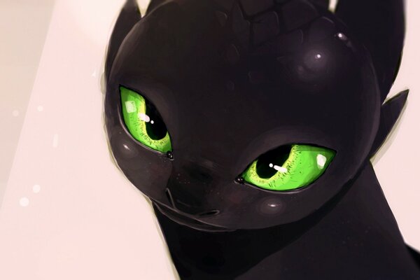 Portrait of a black dragon with green eyes