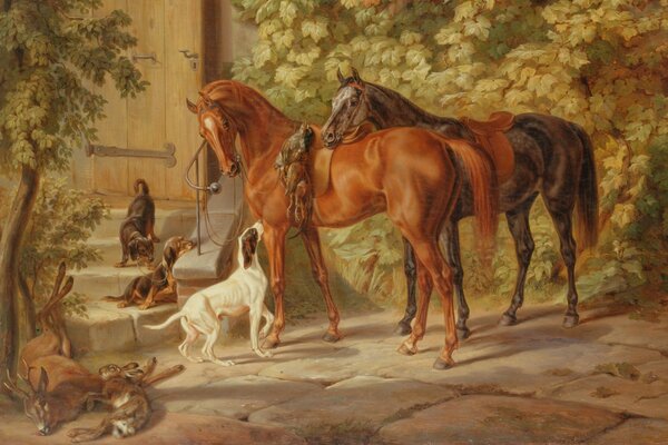 Cavalry and a dog on a background of trees