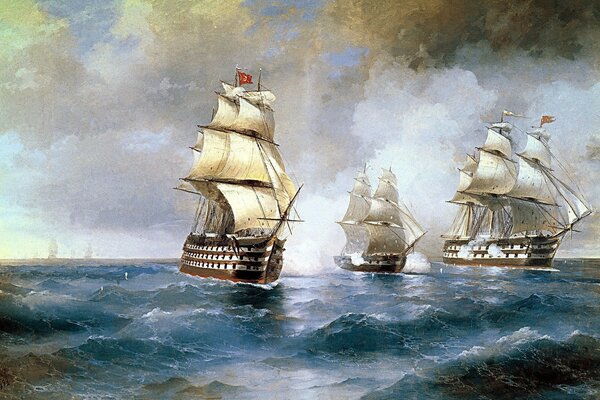 Storm at sea. White sails. Ships with white sails