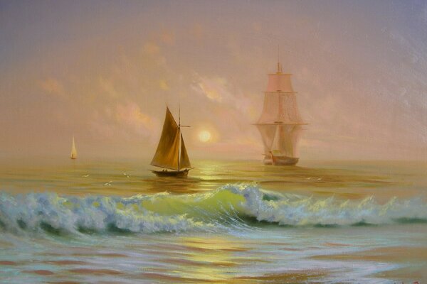 Sailing ships in the waters of the ocean