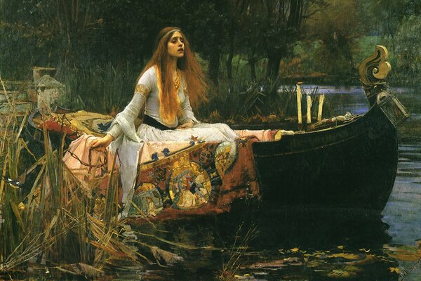 امرأة ذات شعر طويل في قارب خشبي