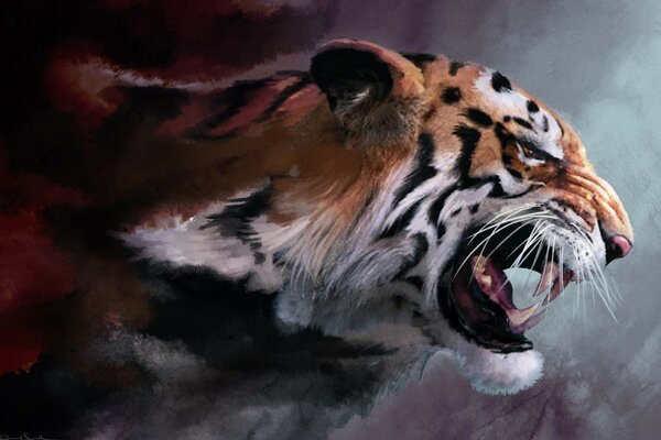 Painted snarling saber-toothed tiger