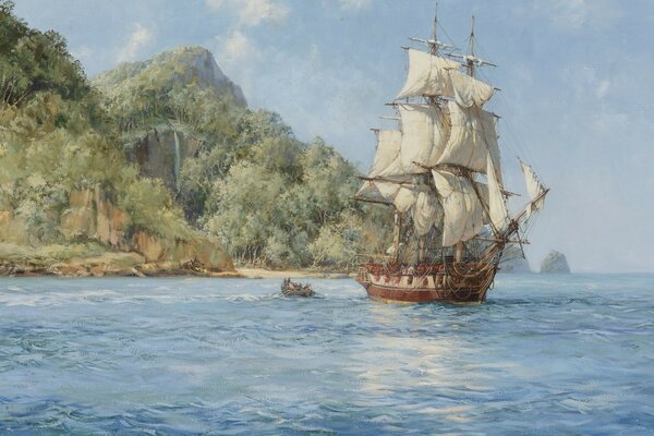 Рисунок отплывающего корабля с белыми парусами