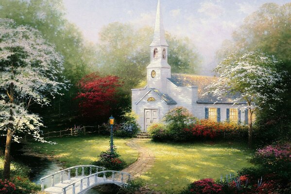 Landscape church spire bridge over a stream flowering trees