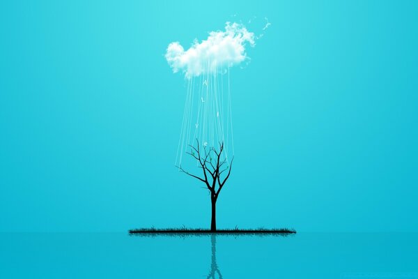 A bald tree on a blue background stands under a cloud