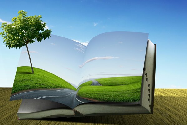 An open 3d book with a landscape and a road inside