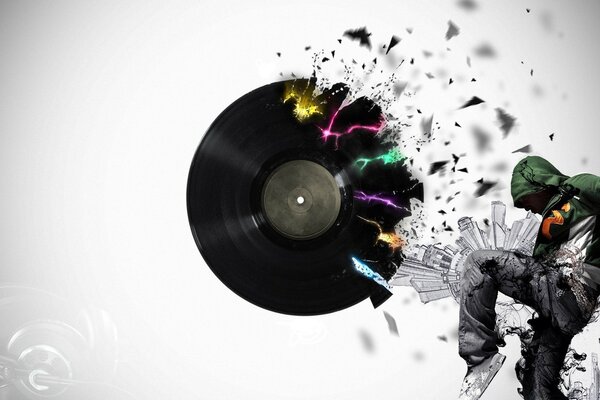 Creative background with a dancing man and a vinyl record