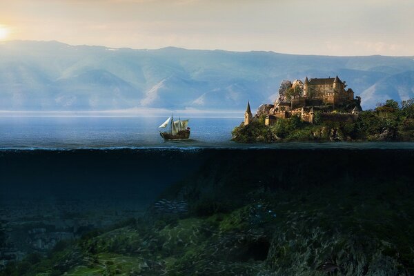 Paesaggio con montagne, nave, castello e roccia sottomarina