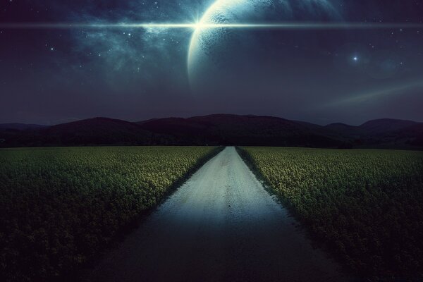 The road with the galaxy and the planet