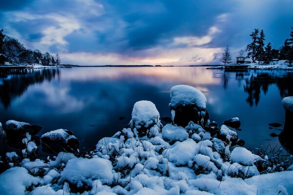 Winter landscape of water and blue reflection of the sky