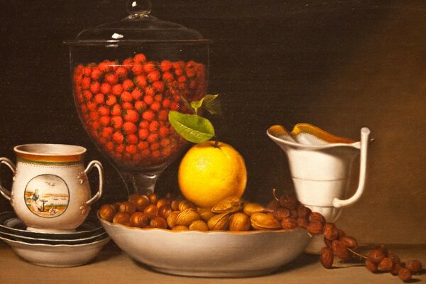 Still life with fruits, berries and nuts