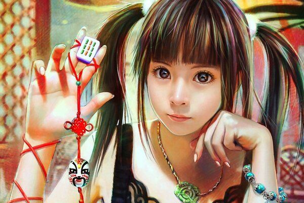 Japanese girl holds a mahjong keychain