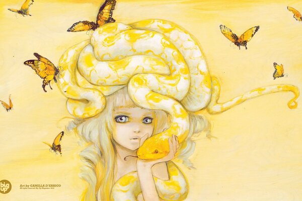 Illustration d une jeune fille avec un serpent sur la tête d une bombe