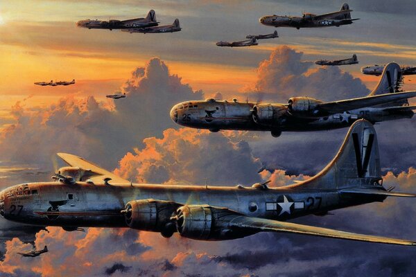 Dibujo de aviones militares al amanecer