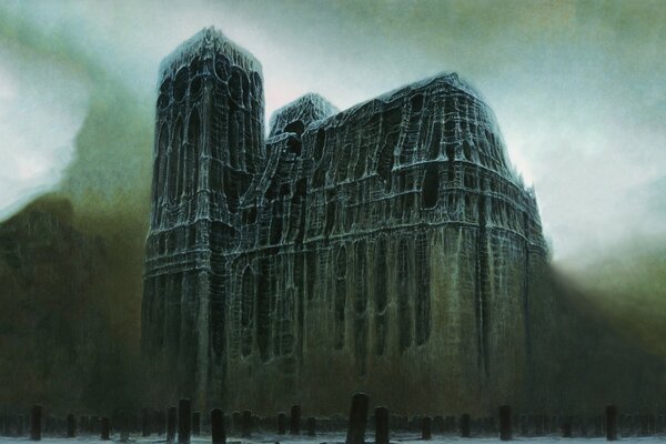 A painting depicting a gloomy building