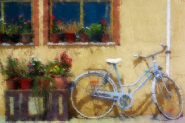 An old bicycle leaning against the wall