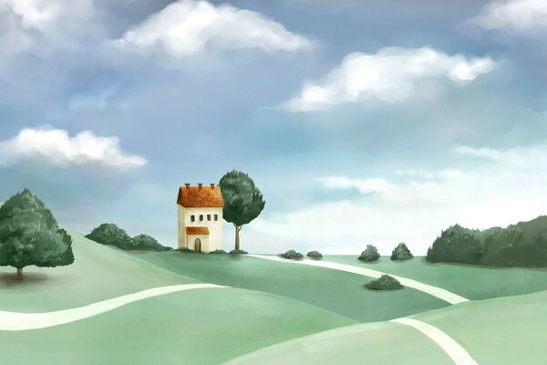 A lonely house standing in the middle of the hills