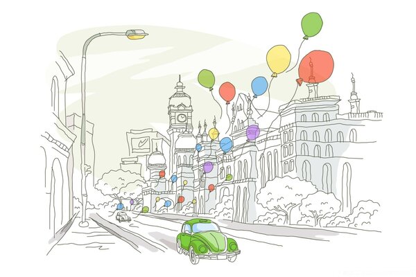 Dibujo de coches verdes y globos en la calle de la ciudad