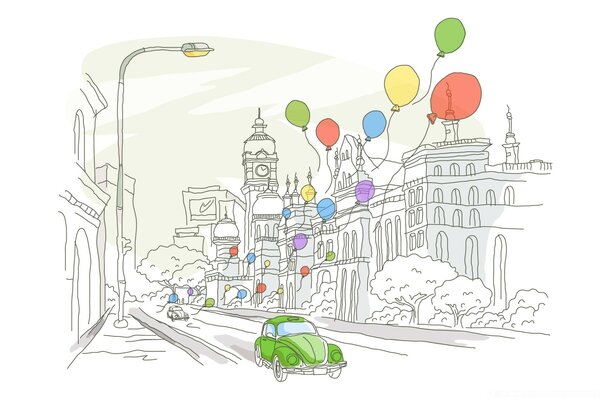 在城市街道上绘制绿色汽车和气球