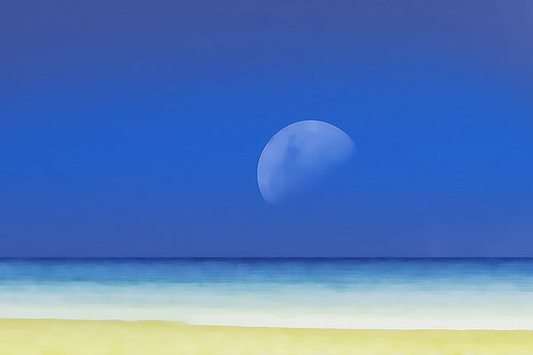 Drawing of a full moon in a dark blue sky during the surf