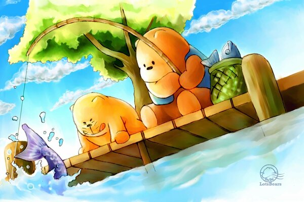 Illustration d un ours en peluche et un chat à la pêche