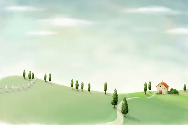 Beautiful drawing with green grass and trees