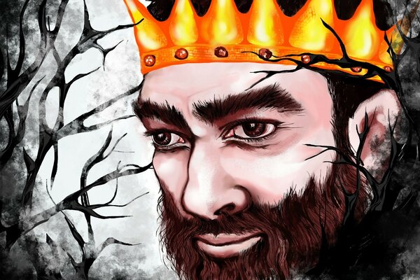 Drawing of a bearded king in a crown