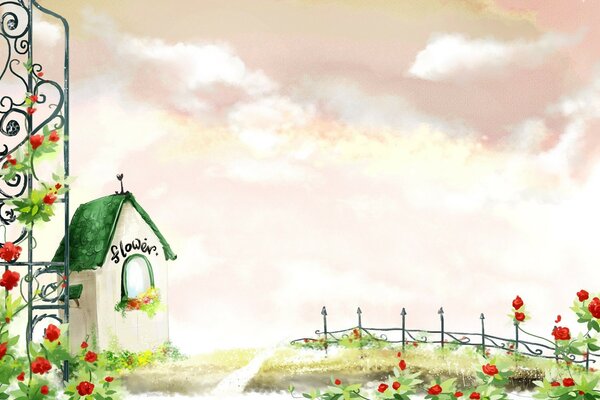 Малюнок будинку з квітами і деревами