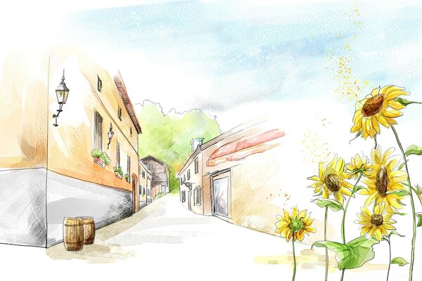 Disegno di un vicolo urbano estivo con girasoli