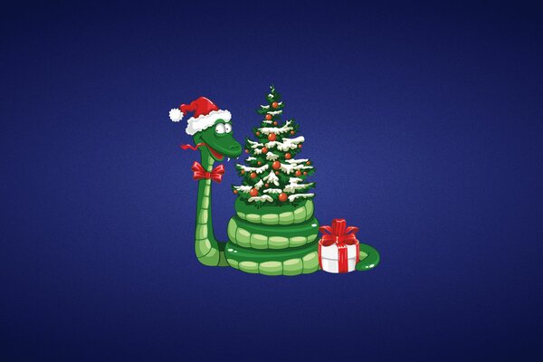 New Year Christmas snake winter blue background