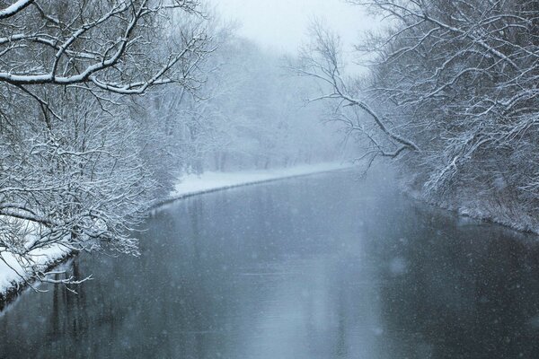 Studentenfluss in schneebedeckten Ufern mit Bäumen