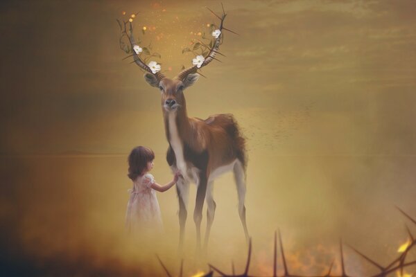 Fantasy wallpaper, girl and deer