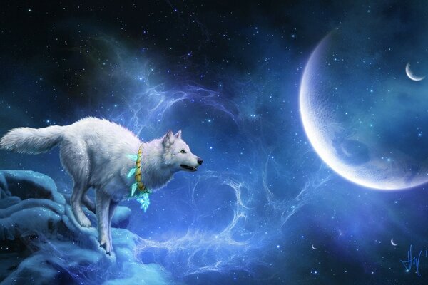 A white wolf and the moon on a cosmic fantasy background