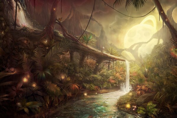 Paysage fantastique, jungle dans la nuit, cascade et rivière