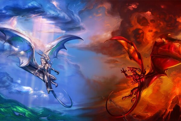 Le duel du dragon rouge et bleu