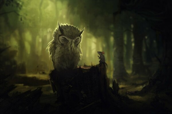 An owl sitting on a stump and talking to a mouse in the middle of the night forest