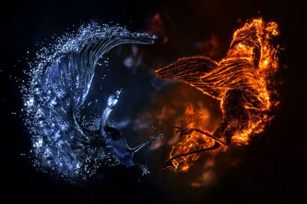 Fantasy picture fusion of water and flame energy
