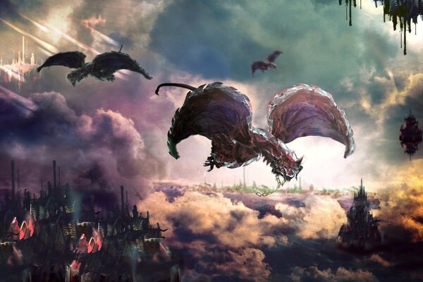 Fantasy, terrifying dragons flying high above the city