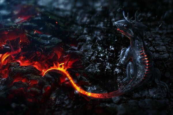 A fiery lizard with a red burning tail